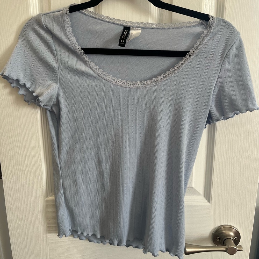 H&M Light Blue Scoop Neck Lace-Trim Short Sleeve Tee